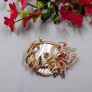 Mother Of Pearl And Crystal Adorable Vintage Butterfly Brooch